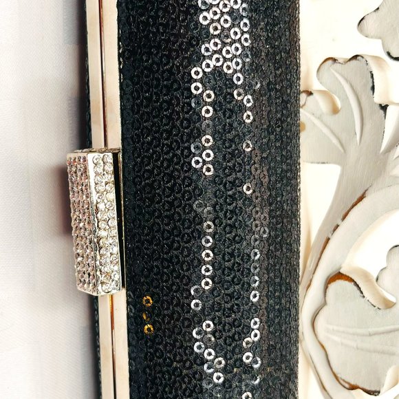 Handbags - Vintage Black Sequin Cylindrical Clutch, Silver Chain, Elegant, 2000s